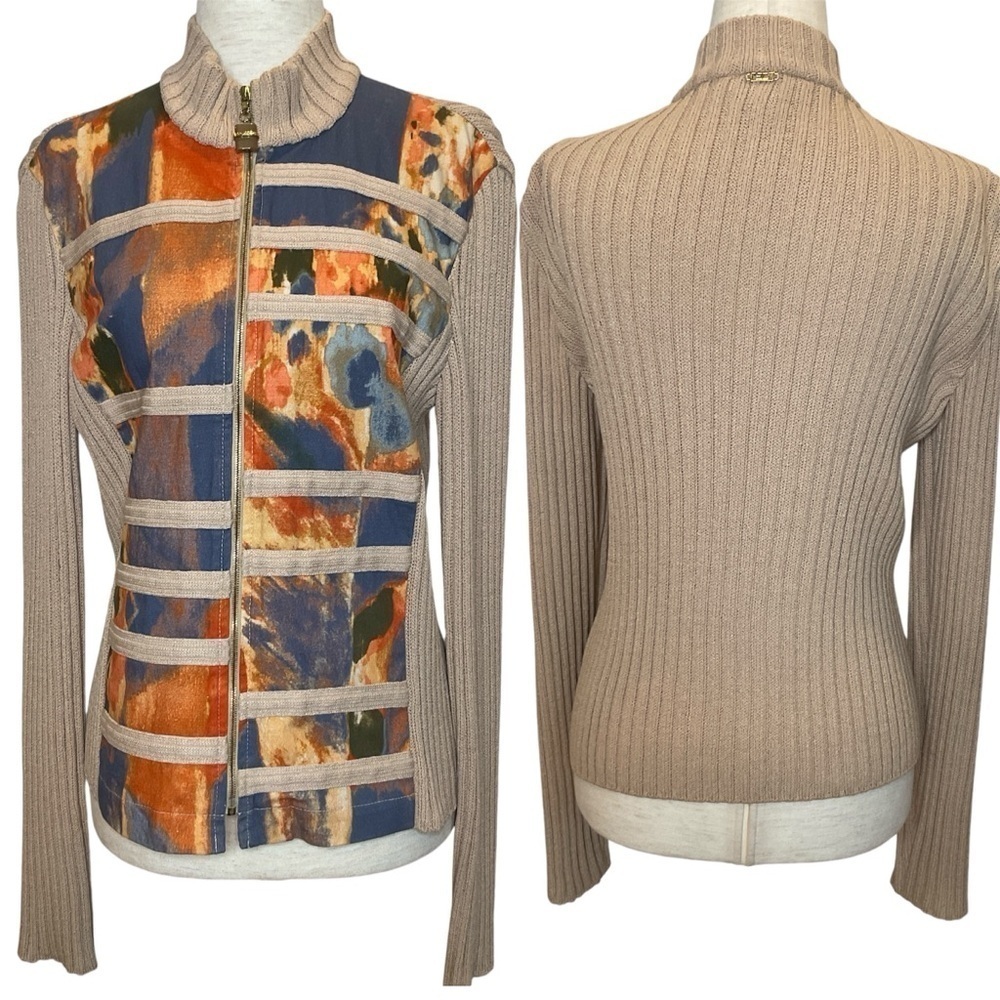St. John Sport by Marie Gray Knit Jacket Zip Front Watercolor Print Size Small